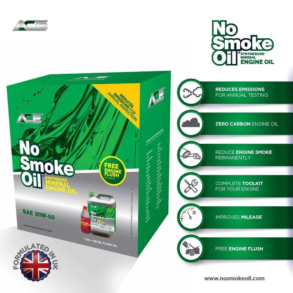 NO SMOKE OIL© SAE 20W-50 Zero Carbon With 500ml Ace Flush Oil